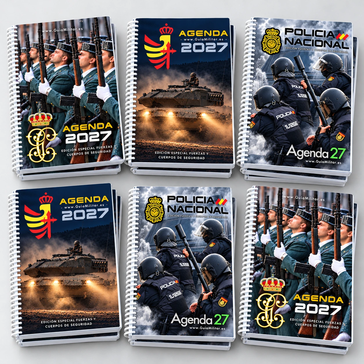 Las tres agendas 2027: Ejército, Policía Nacional y Guardia Civil con espiral blanca