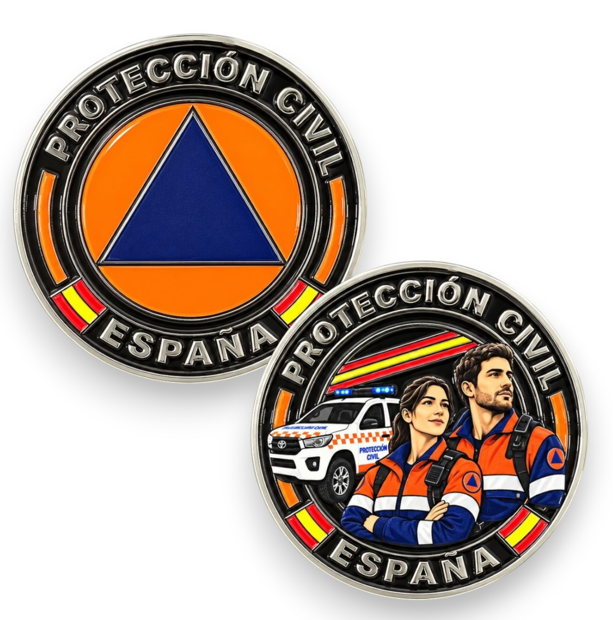 Moneda Protección Civil España 4 cm, anverso con emblema y reverso con personal de emergencias