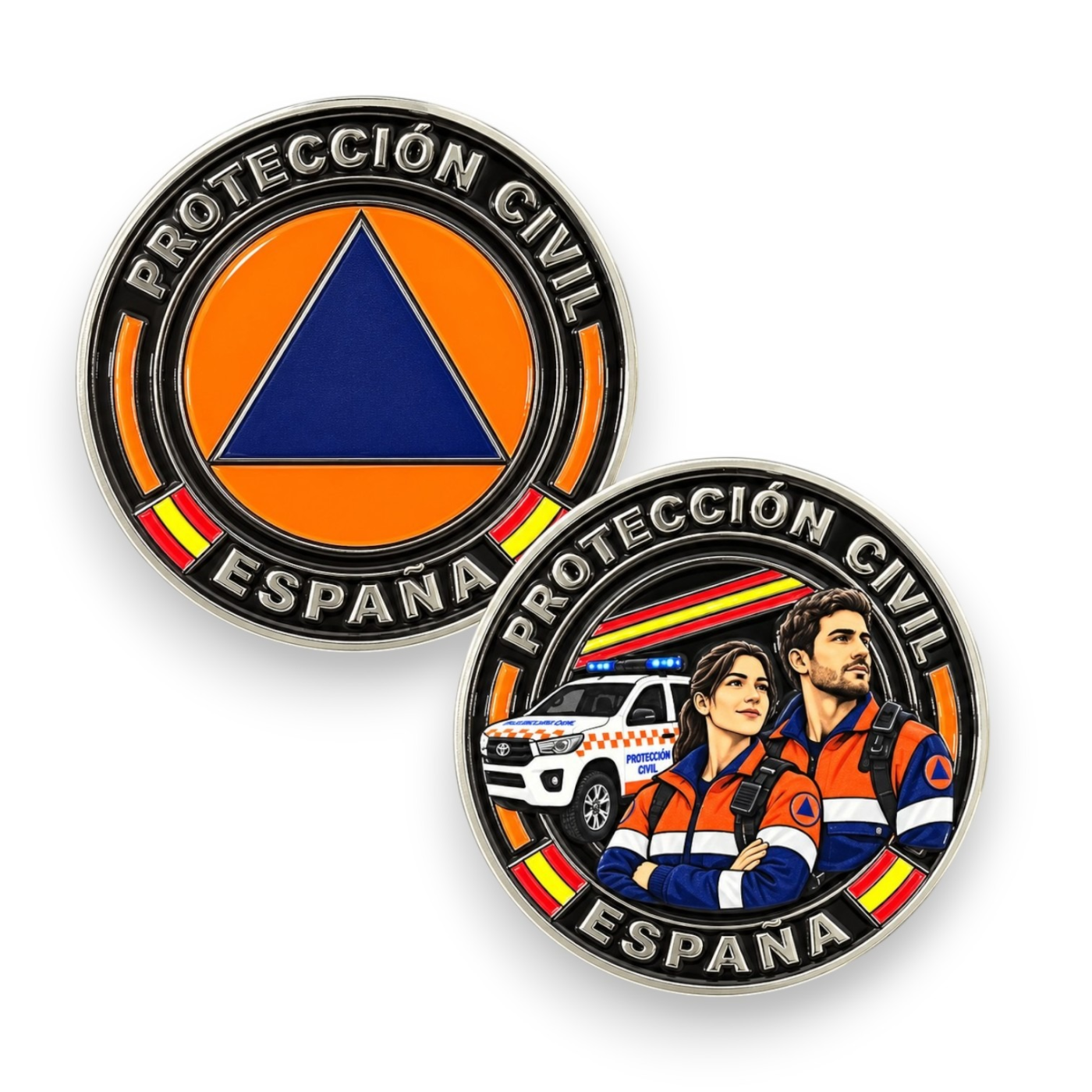 Moneda Protección Civil España de 4 cm con las dos caras del diseño