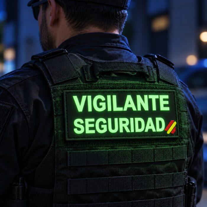Parche Vigilante de Seguridad Privada luminiscente de espalda brillando de noche